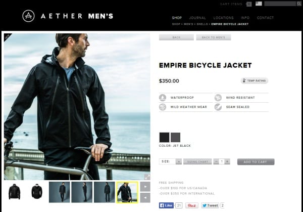 In this image, we can see that the Aether Men's catalog clearly shows a confident 30's-something male wearing an attractive Empire Bicycle Jacket. Note that below the main image there are half a dozen other stock photos of the model, depicting him in different angles and views, in addition to there also being stock photos of the jacket itself and from multiple angles. 