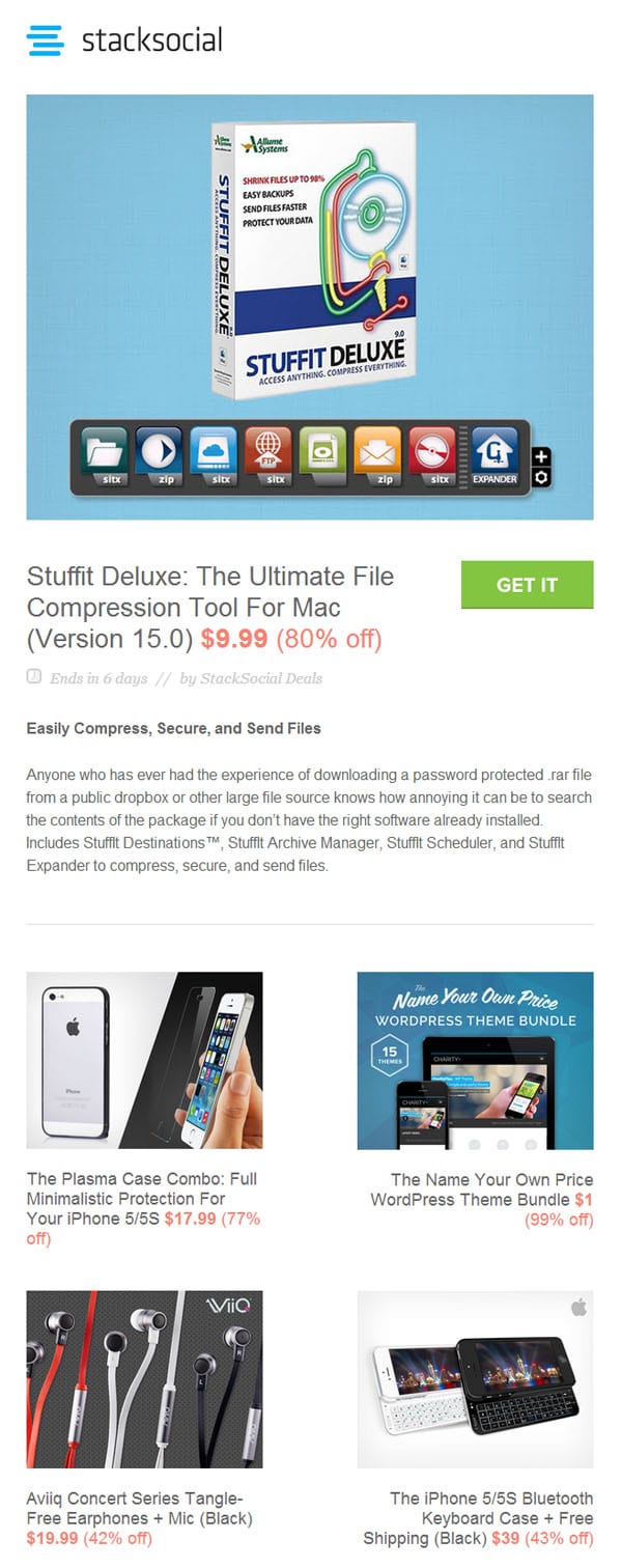 This newsletter screenshot shows creatively engaging methods of how you can inform customers about new products and specials while offering them a chance to take advantage of the deals that you are featuring. It opens by announcing a great sale for 80% off, leading customers to other products that are being featured in the newsletter.