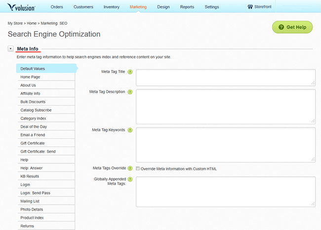 meta tags for SEO for volusion