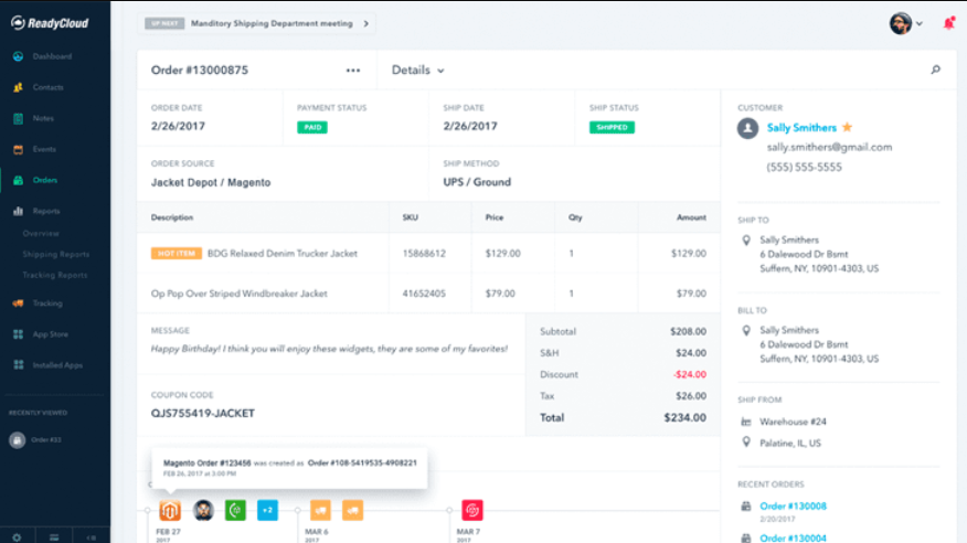 ReadyCloud: What is it? If you’re looking for a CRM (customer relationship management) solution for WooCommerce, look no further than ReadyCloud. Automate your marketing, emails, shipping, sales, and other tasks with a selection of integrations designed to make running your business easier intuitively. A good CRM solution will guide your customers through your sales funnel in a sophisticated process that encourages customer satisfaction, upselling, and repeat patronage. ReadyCloud’s modular nature allows you to customize a solution for your business that does just that and centralizes all of those processes in a single, easy-to-use interface. ReadyCloud users can access data and adjust settings around sales, returns, shipping, growth marketing, and more in just one screen.