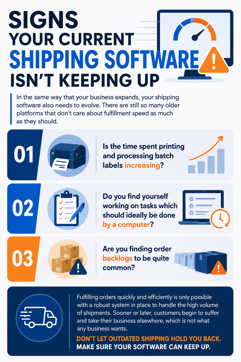 Signs Your Current Shipping Software Isn’t Keeping Up In the same way that your business expands, your shipping software also needs to evolve. There are still so many older platforms that don’t care about fulfillment speed as much as they should.