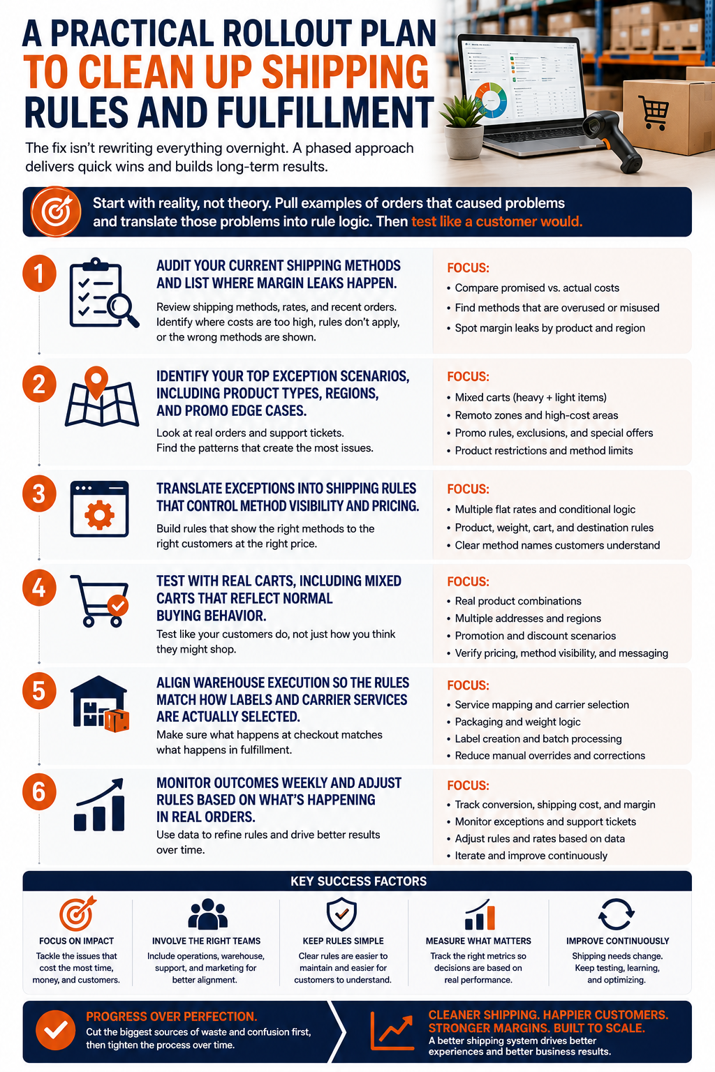 If your shipping setup feels messy today, the fix isn’t rewriting everything overnight. Most stores get better results with a phased approach that targets the most painful issues first and builds outward from there.