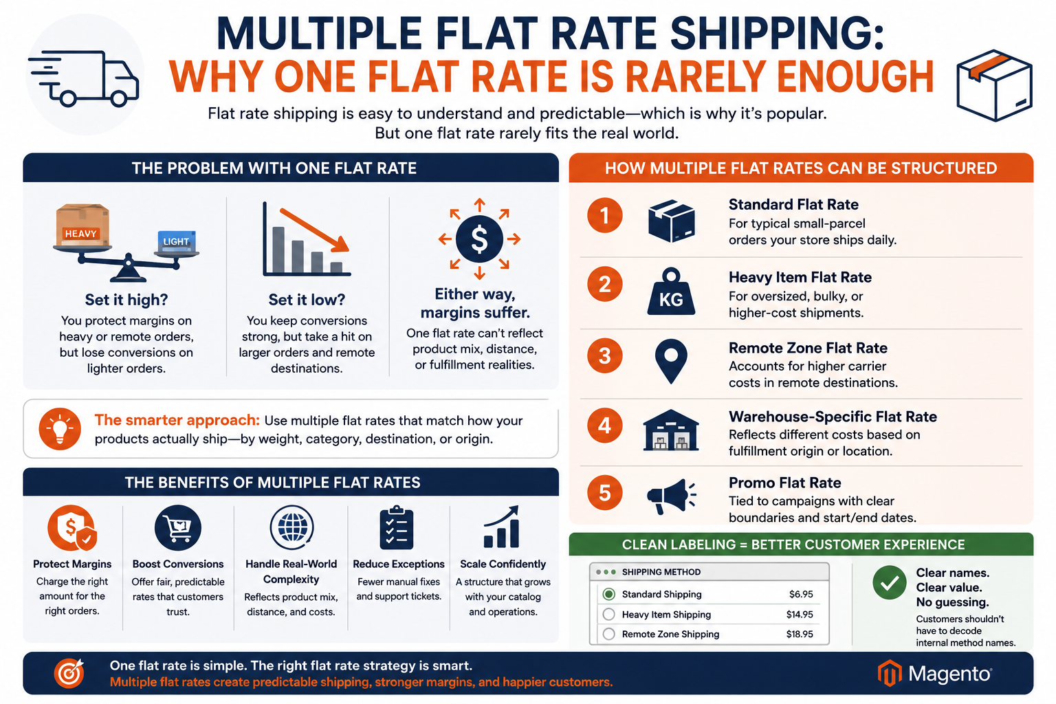 Flat rate shipping for Magento is popular because it’s easy to understand. Customers like clarity and predictable costs, and stores like the simplicity of a clean rate structure. The catch is that most real catalogs don’t behave like flat-rate catalogs.