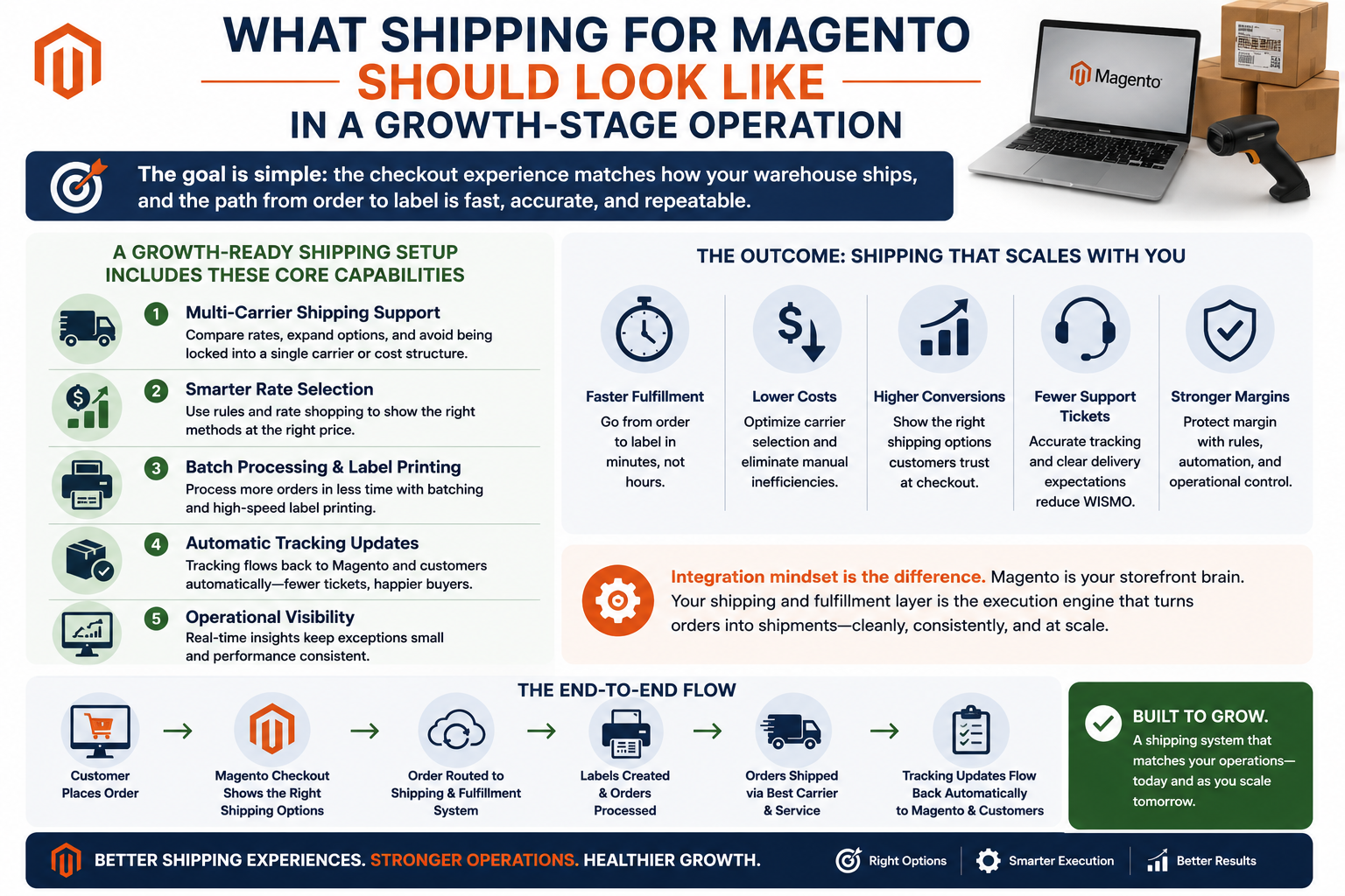 At a certain point, Magento shipping needs to behave like a system, not a patchwork of settings. The standard you’re aiming for is simple: the checkout experience should match the way your warehouse actually ships, and the path from order to label should be fast and repeatable.
