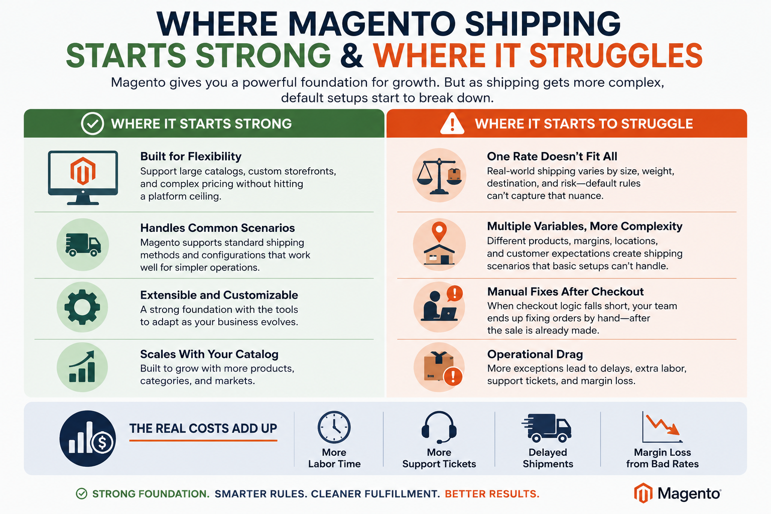 Magento is built for flexibility. You can support large catalogs, complex pricing, and custom storefront experiences without hitting a platform ceiling too quickly. Shipping is similar at a basic level, since Magento supports common methods and configurations that work well for simpler operations.