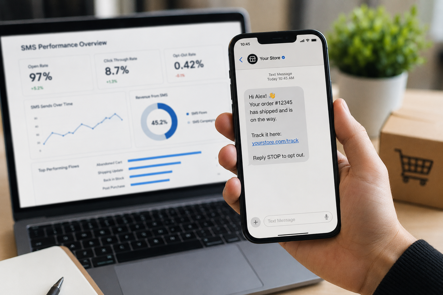 See the latest SMS text marketing statistics for 2026, including open rates, clicks, opt-outs, revenue, automation, and ecommerce use cases.
