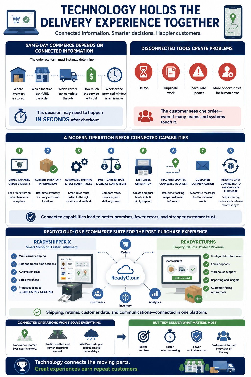 Same-day commerce depends on connected information. The order platform needs to know where inventory is stored, which location can fulfill it, what carrier can complete the job, how much the service will cost, and whether the promised window is achievable.