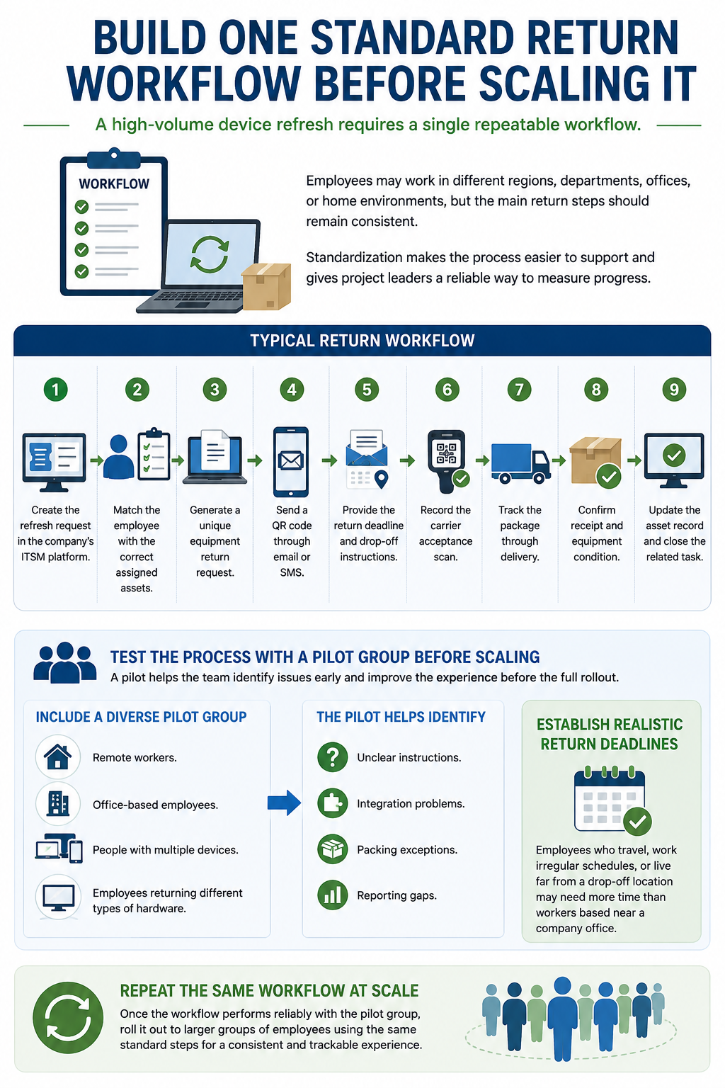 Employees may work in different regions, departments, offices, or home environments, but the main return steps should remain consistent. Standardization makes the process easier to support and gives project leaders a reliable way to measure progress.