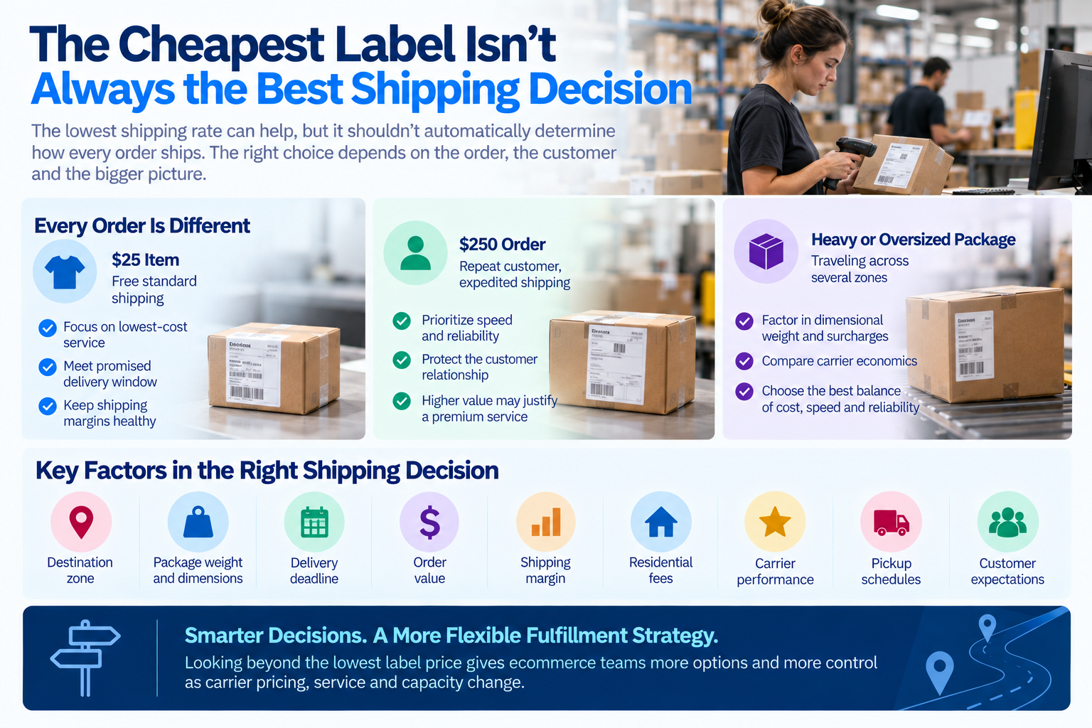 The Cheapest Label Isn’t Always the Best Shipping Decision It’s easy to turn carrier diversification into a rate-shopping exercise, but that misses part of the opportunity. The lowest label price can help, but it shouldn’t automatically determine how every order ships. Consider a $25 item sold with free standard shipping. The priority may be choosing the lowest-cost service that can meet the promised delivery window. A $250 order from a repeat customer who paid for expedited delivery may need a stronger focus on speed and reliability. A heavy package traveling across several zones could produce completely different carrier economics once you include dimensional weight and surcharges.