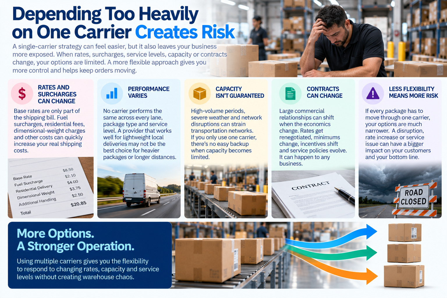 Depending Too Heavily on One Carrier Creates Risk A single-carrier strategy can feel easier because there’s one contract, one pickup process, one label workflow, and one familiar tracking system. That simplicity can become a weakness when conditions change. Rates and surcharges are one example. Base rates are only part of the shipping bill, and fuel surcharges, residential delivery fees, dimensional-weight charges, additional handling fees, and other costs can change a shipment's real price. In fact, this broad use of fees and surcharges helped drive stronger pricing at major carriers during the second quarter of 2026.