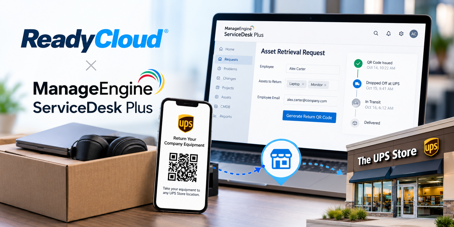 Simplify IT asset retrieval with ReadyCloud for ManageEngine ServiceDesk Plus. Recover equipment with QR codes, UPS shipping, and automated tracking.