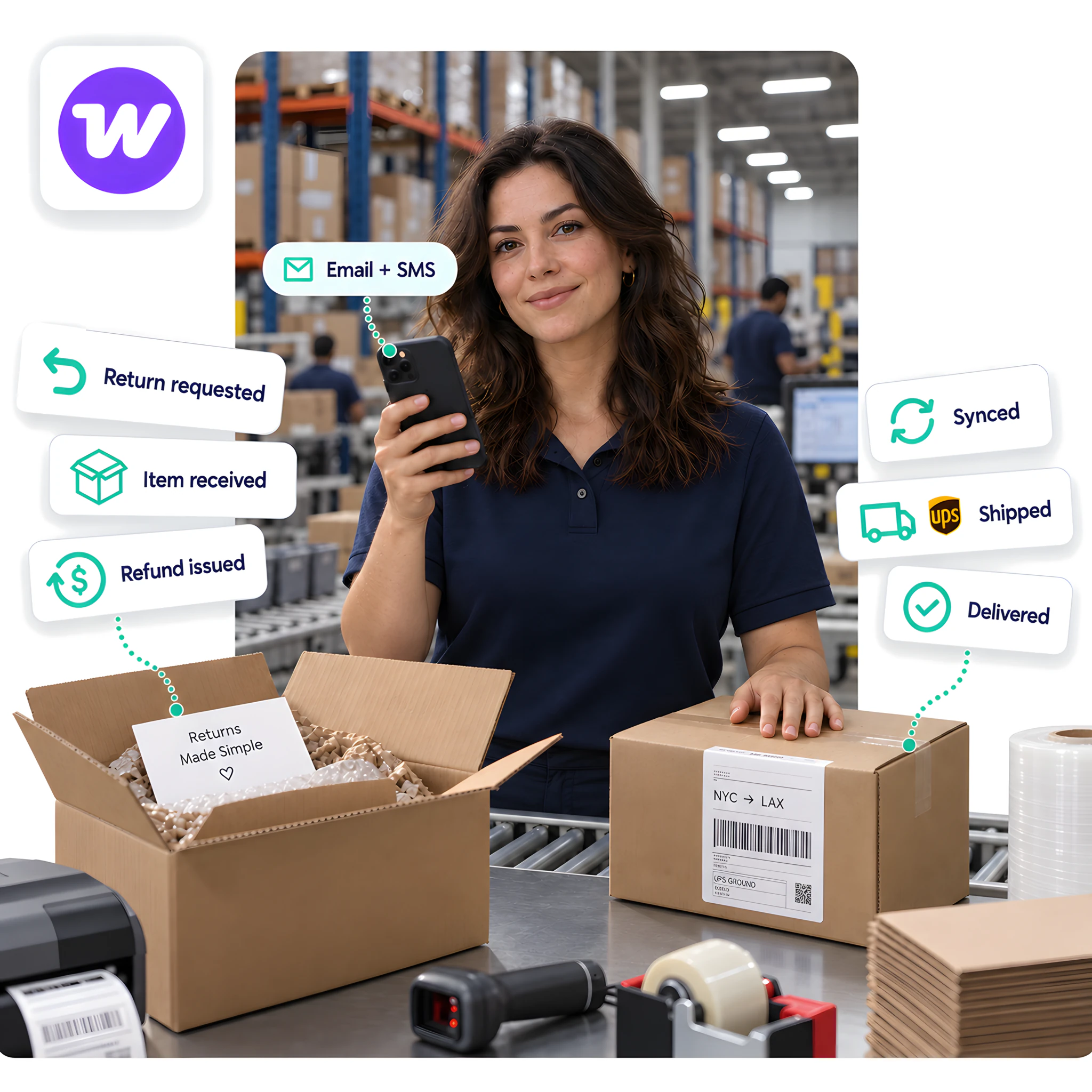 A warehouse associate in a navy company polo at a packing station at the end of a conveyor line, holding a phone with a hand on a labeled UPS shipment beside an open return box, flanked by ReadyCloud status cards: a shipping column showing the order synced, shipped with UPS, and delivered, and a returns column showing return requested, item received, and refund issued, with email and SMS updates.