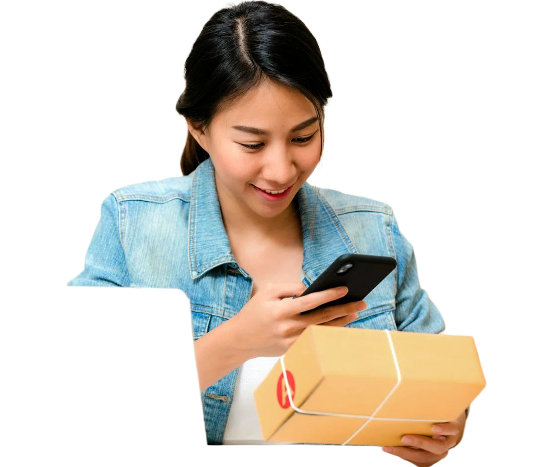 A customer checking an order update on a phone beside a parcel.