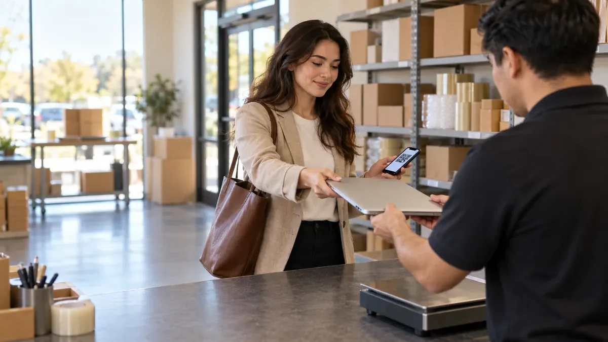 An employee hands a company laptop across a shipping store counter