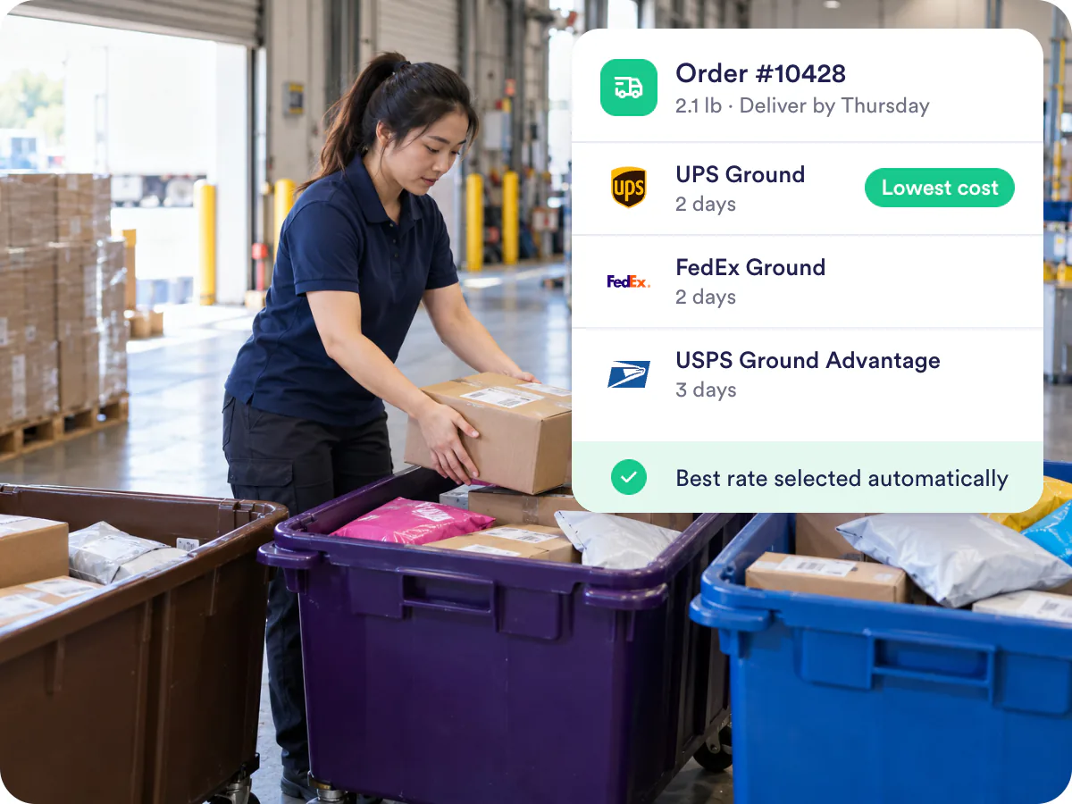 Multi-carrier shipping software comparing UPS, FedEx, and USPS rates for an order in ReadyShipper