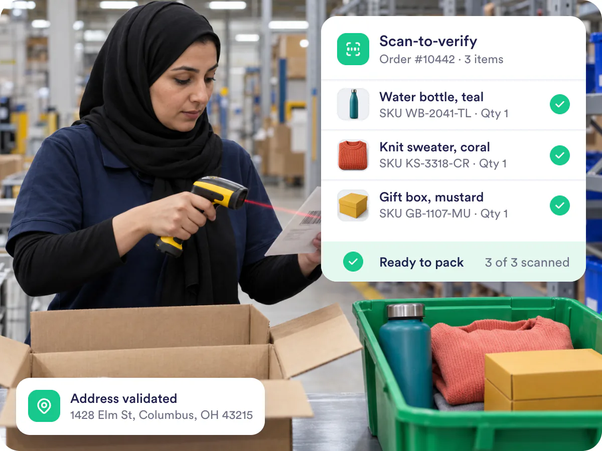 Enterprise shipping software scanning a barcode to verify order items before shipping
